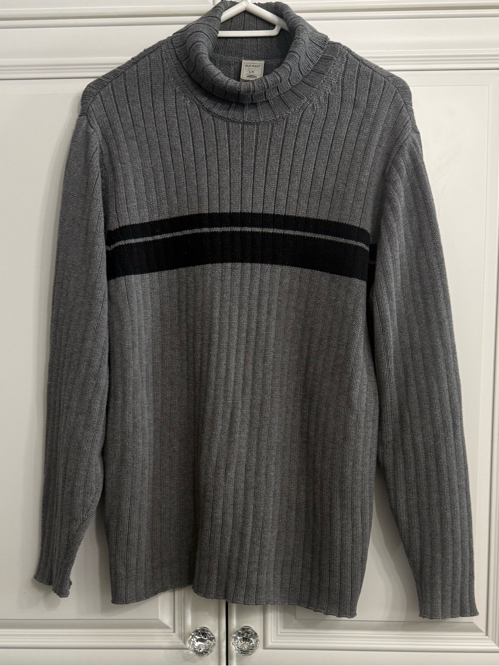 VTG Old Navy Grey Ribbed Knit Turtleneck Sweater Black Chest Stripe Men's Large